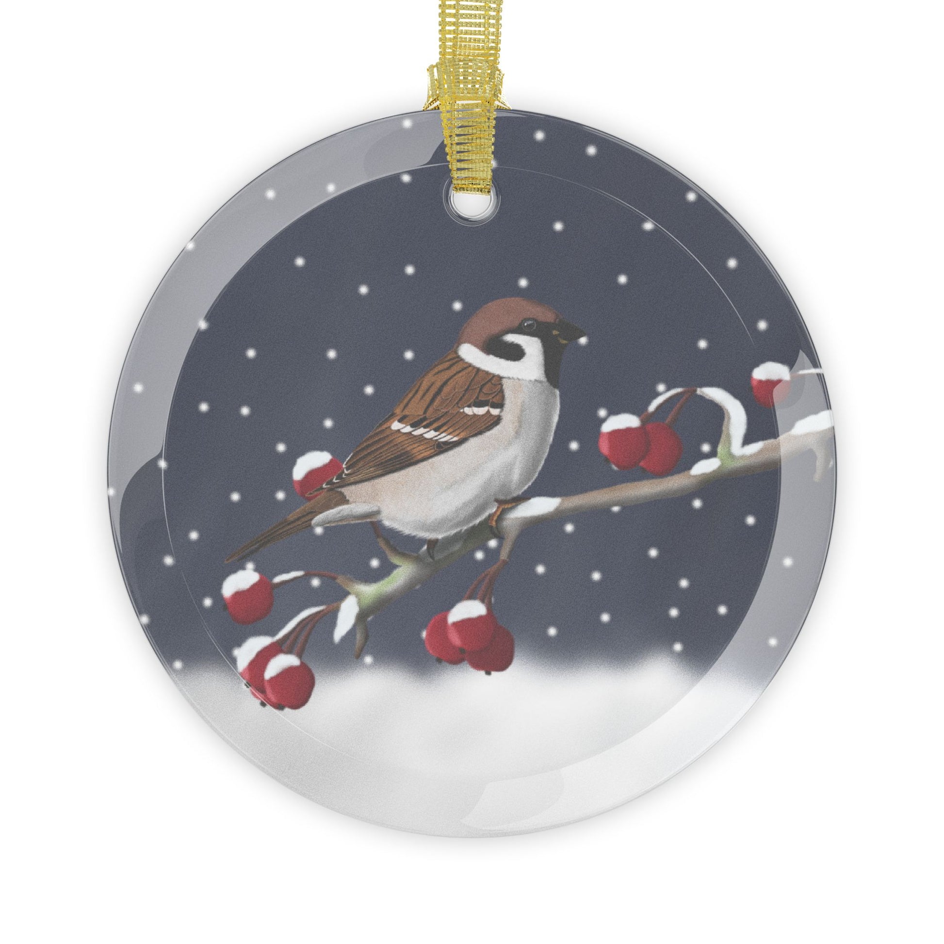 Tree Sparrow on a Winter Branch Christmas Bird Glass Ornament