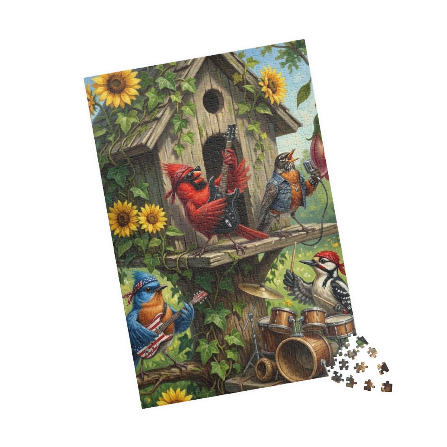 The Backyard Birds Concert Jigsaw Puzzle | Sunflower & Birdhouse Scene Premium Bird Lover Gift (110 - 1014 Pieces) on adult background