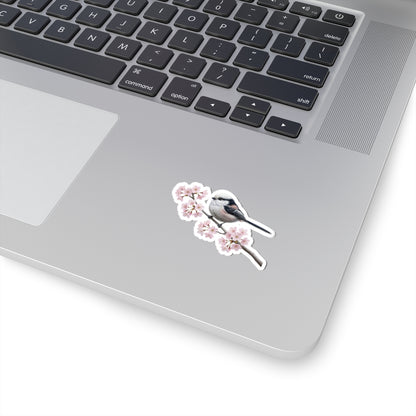 Long Tailed Titmouse Cherry Blossom Sticker | Glossy Floral Bird Decal | Spring Laptop Sticker