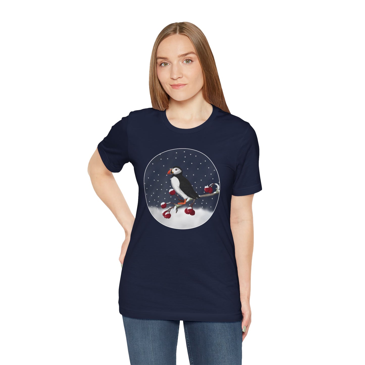 Puffin on a Winter Branch Birdwatcher Christmas Bird T-Shirt