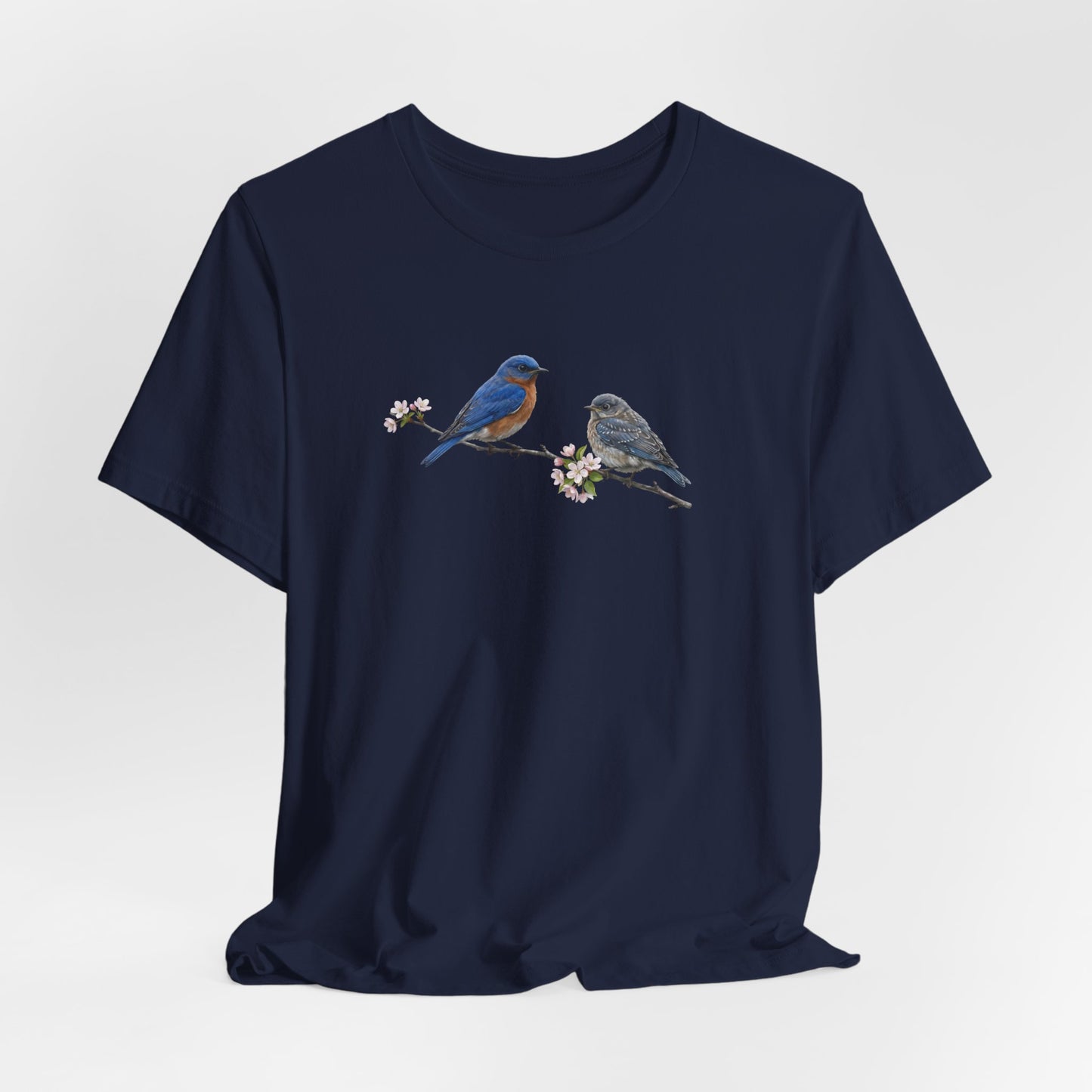 Eastern Bluebird & Fledgling T-Shirt | Spring Blossoms Unisex Graphic Tee