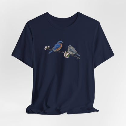 Eastern Bluebird & Fledgling T-Shirt | Spring Blossoms Unisex Graphic Tee