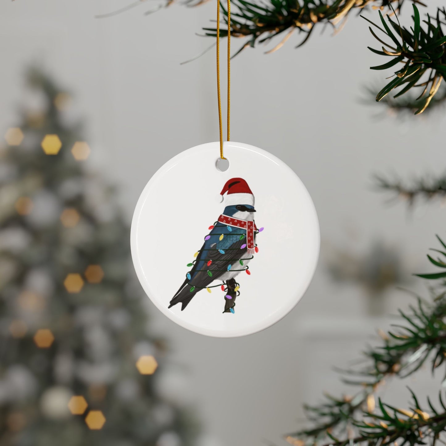 Tree Swallow as Santa Ceramic Bird Christmas Ornament | Durable Double-Sided Bird Lover Decor