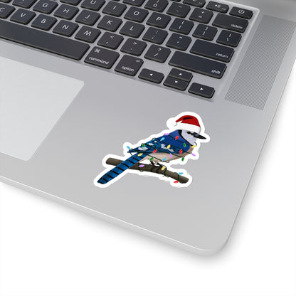 Blue Jay with Fairy Lights and Santa Claus Hat Christmas Bird Sticker