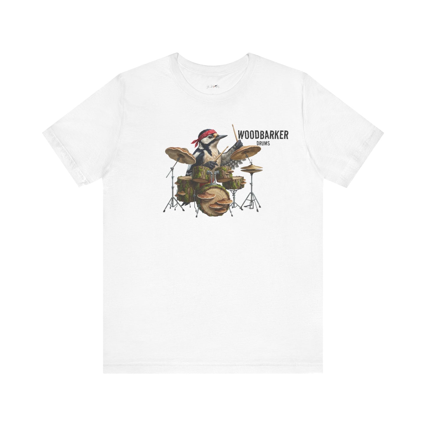The Woodbarker Graphic Tee – Woodpecker Drummer – Funny Rock Band Bird Shirt