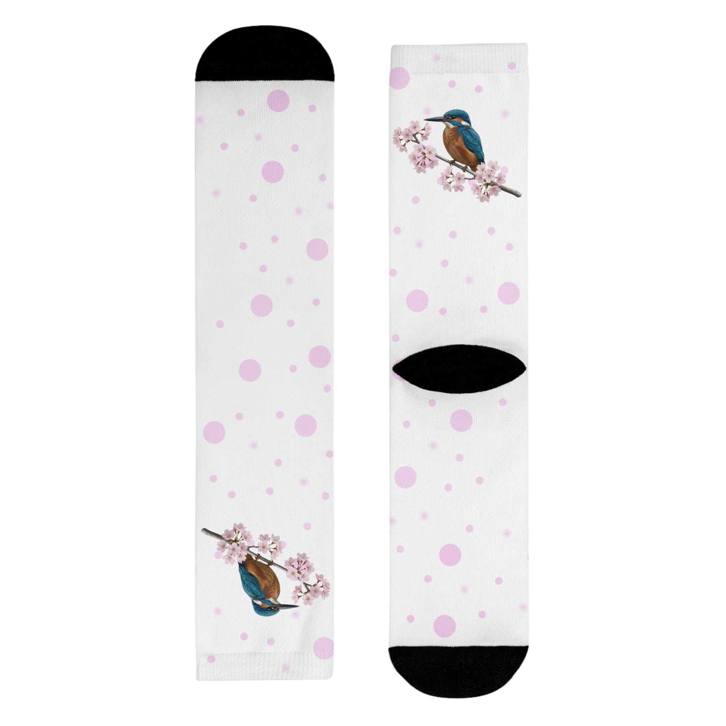 Eisvogel Socken mit Kirschblüten | Weiß Rosa gepunktete Vogelmotiv Strümpfe