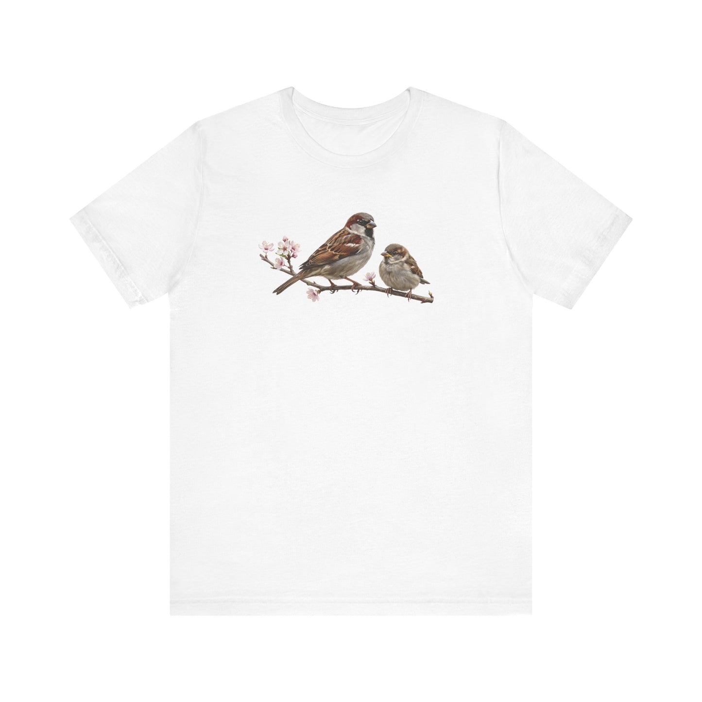 Tree Sparrow & Fledgling T-Shirt | Spring Blossoms Unisex Graphic Tee