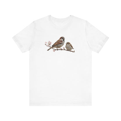 Tree Sparrow & Fledgling T-Shirt | Spring Blossoms Unisex Graphic Tee