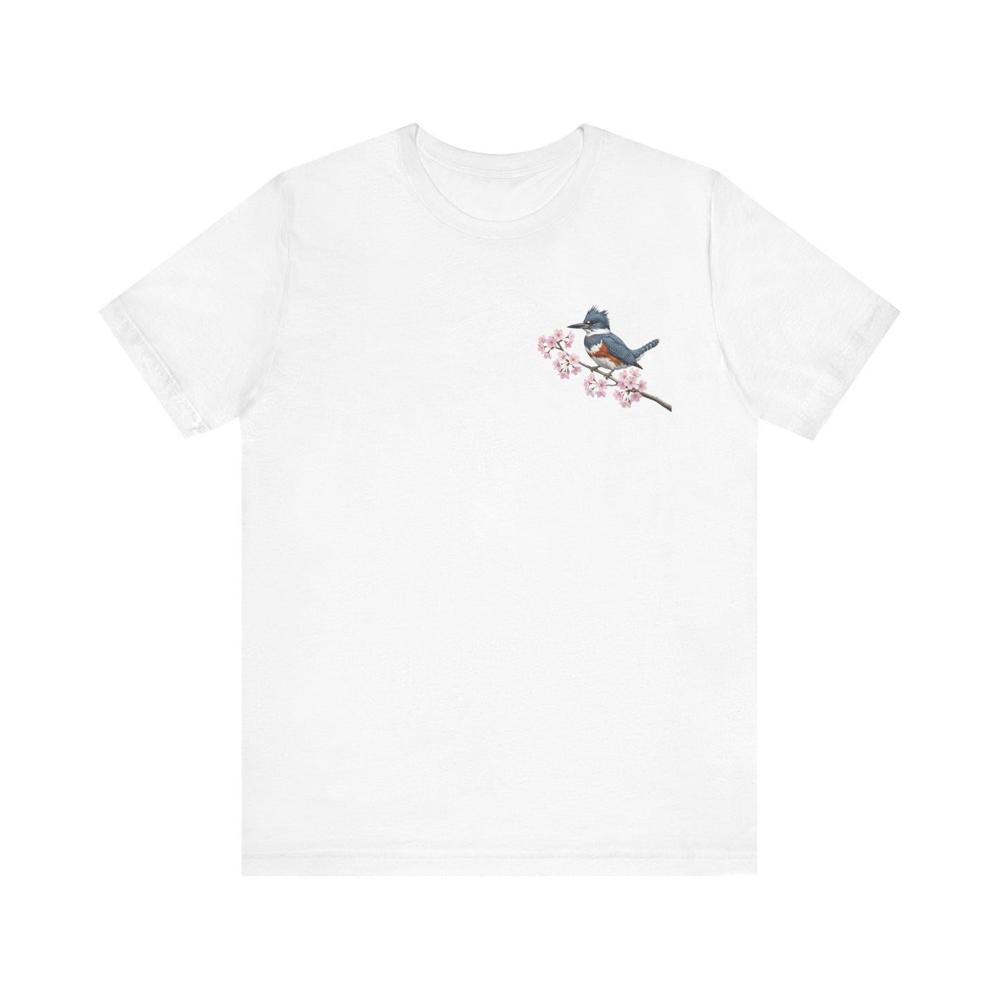 Belted Kingfisher Cherry Blossom T-Shirt | Floral Spring Tee for Bird Lovers