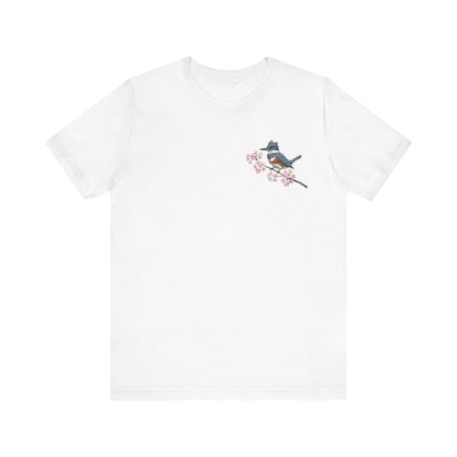 Belted Kingfisher Cherry Blossom T-Shirt | Floral Spring Tee for Bird Lovers