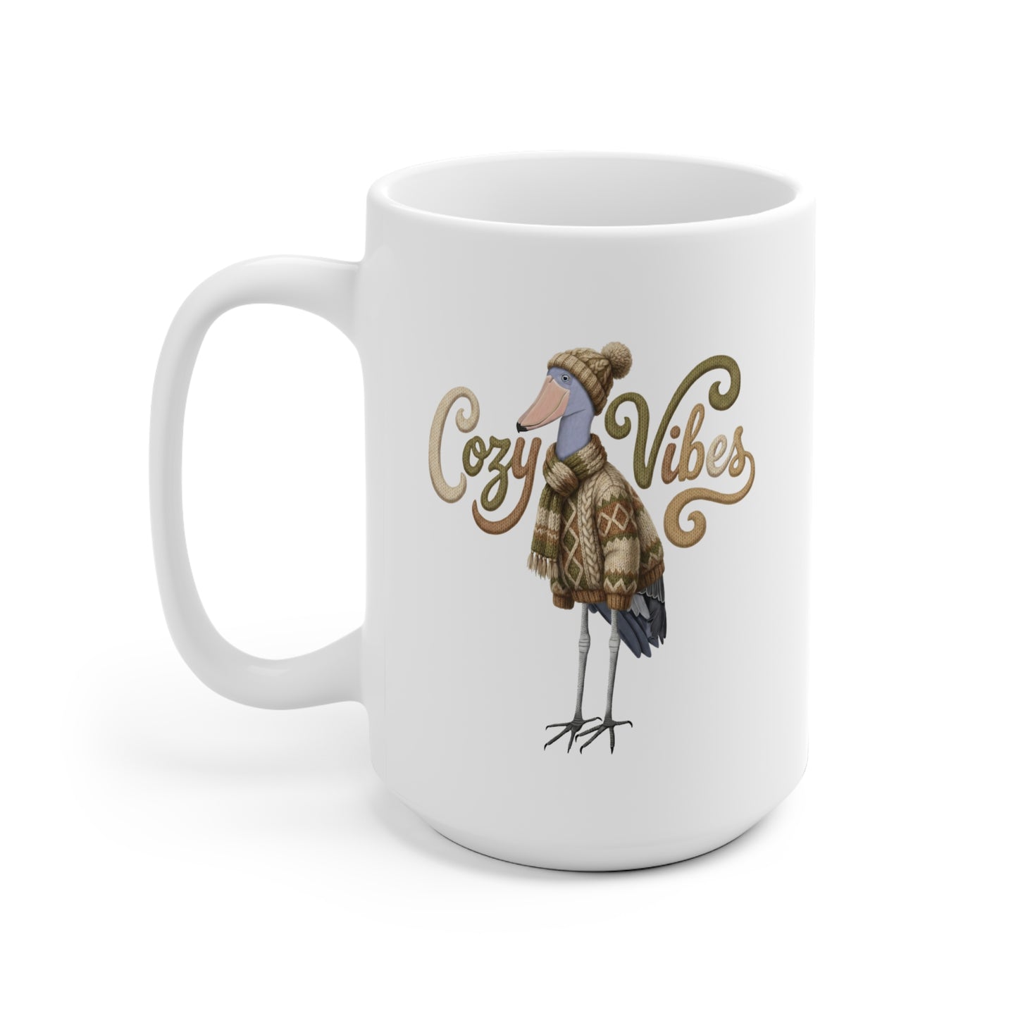 Schuhschnabel mit Strickpullover Weihnachtliche Tasse mit Vogelmotiv Cozy Vibes – Ideal für Kakao & Kaffee