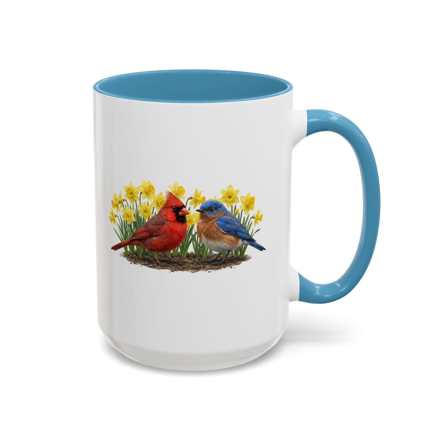 Spring Birds Coffee Mug – Cardinal & Bluebird in Daffodils | Two-Tone Ceramic Cup (11oz & 15oz)