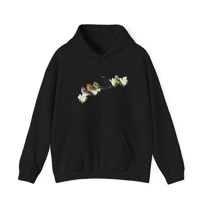 Vögel auf einem Ast Hoodie - Amsel Rotkehlchen Kohlmeise Spatz Kapuzenpullover für Vogelbeobachter & Naturliebhaber
