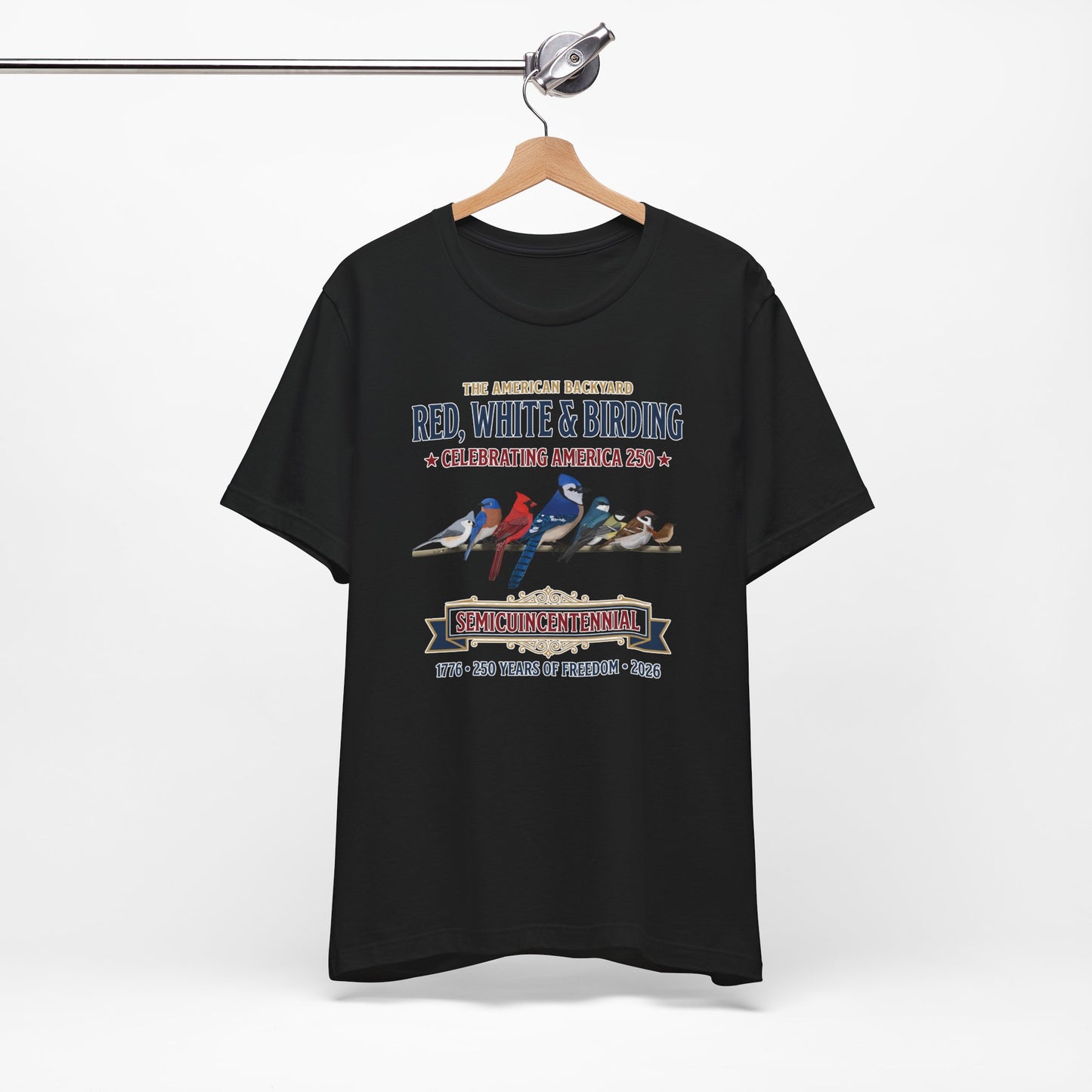 Red, White & Birding Vintage T-Shirt | America 250 Backyard Birds on bird lover background