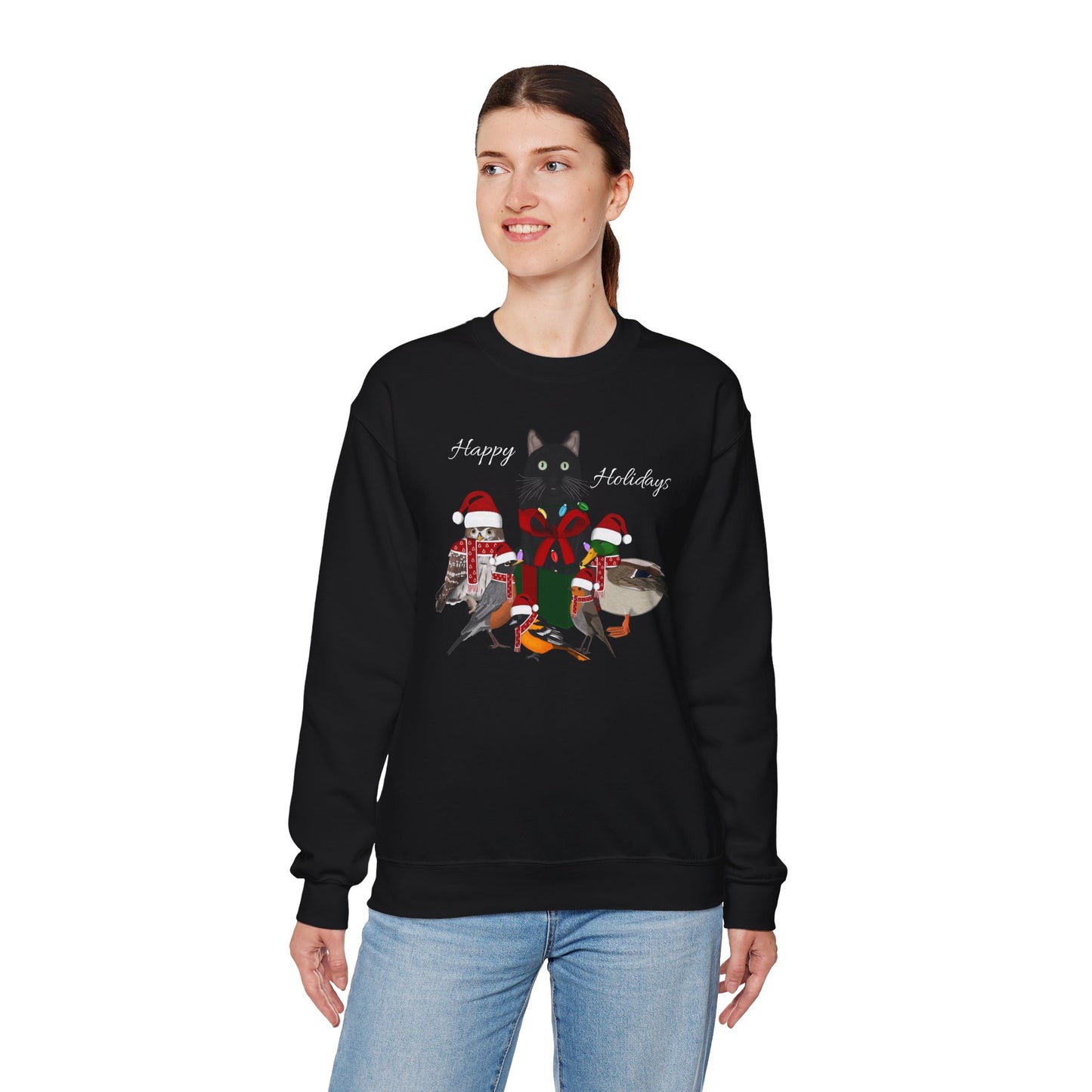 Robin Mallard Oriole Owl with Cat in a Box and Fairy Lights Happy Holidays Christmas Bird Sweatshirt