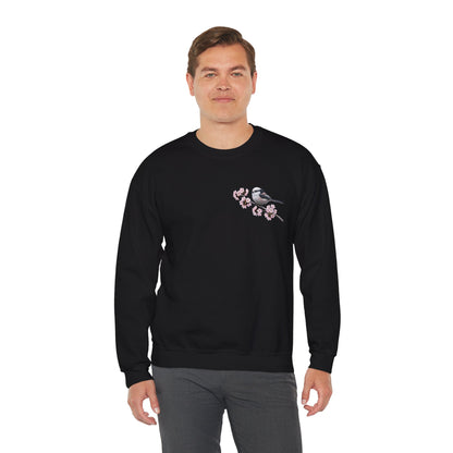 Long Tailed Titmouse Cherry Blossom Sweatshirt | Floral Bird Crewneck Cozy Spring Pullover – Animal Lover Gift,