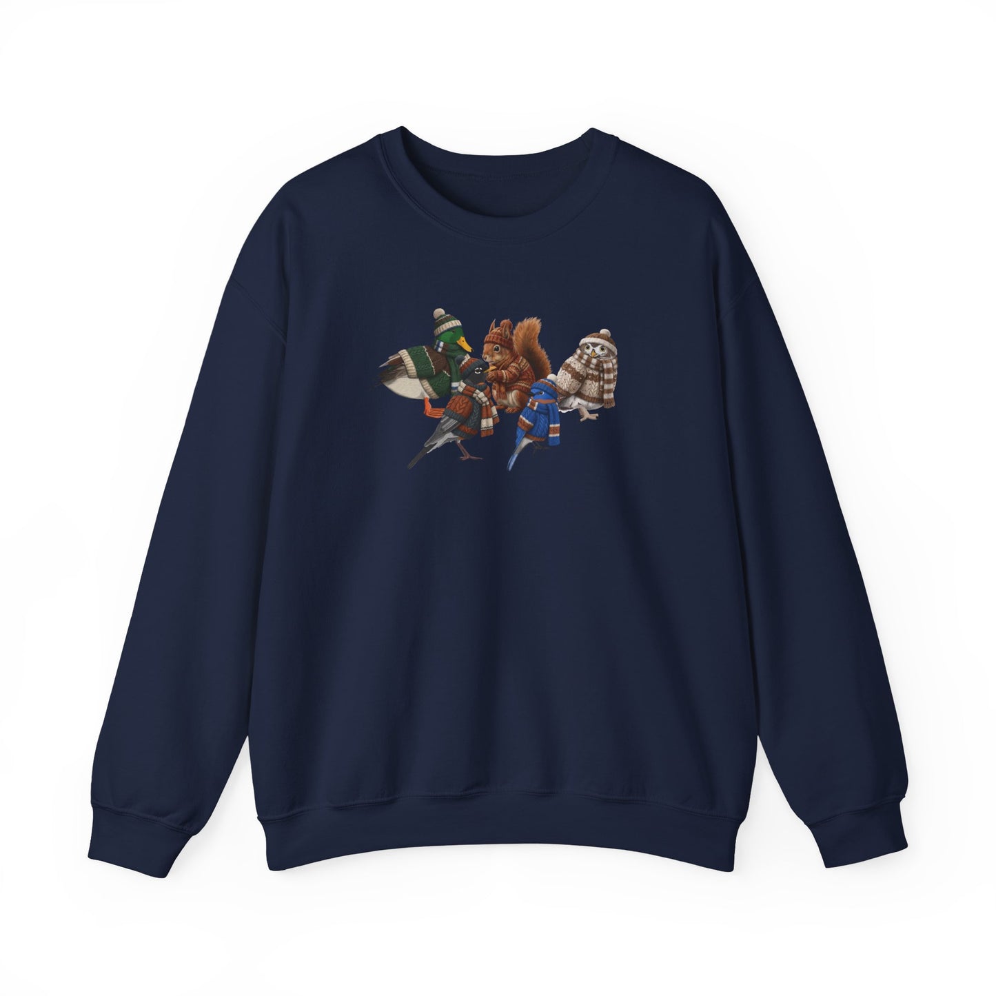 Cozy Winter Crewneck: Backyard Birds & Squirrel in Knitwear
