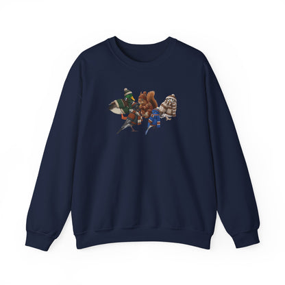 Cozy Winter Crewneck: Backyard Birds & Squirrel in Knitwear