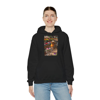 Lustiger Rotkehlchen Hoodie mit Blumen-Einkaufswagen | Süßer Vogel Kapuzenpullover für Pflanzenfans