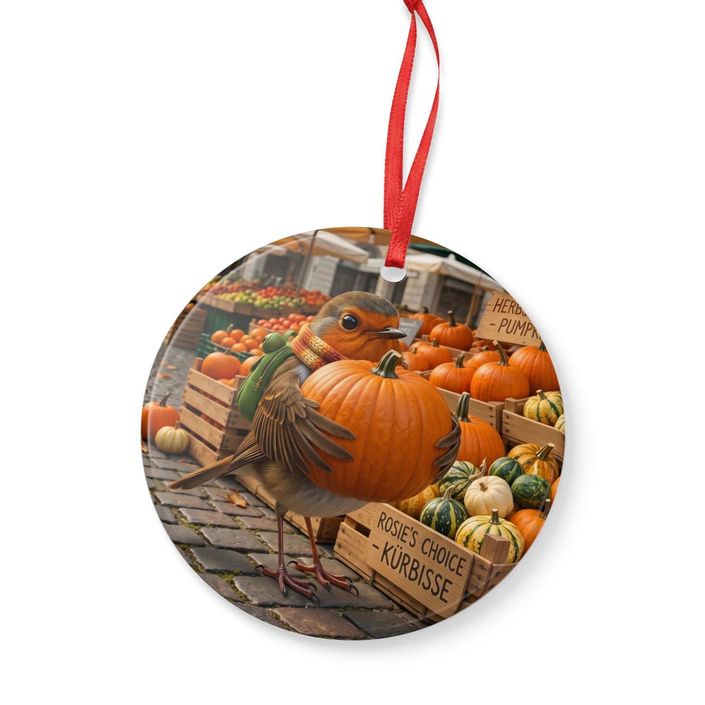Premium Keramik Ornament Rosi Rotkehlchen & der Riesen-Kürbis | 7,5x7,5 cm | Lustige Herbst Deko für Vogelfreunde