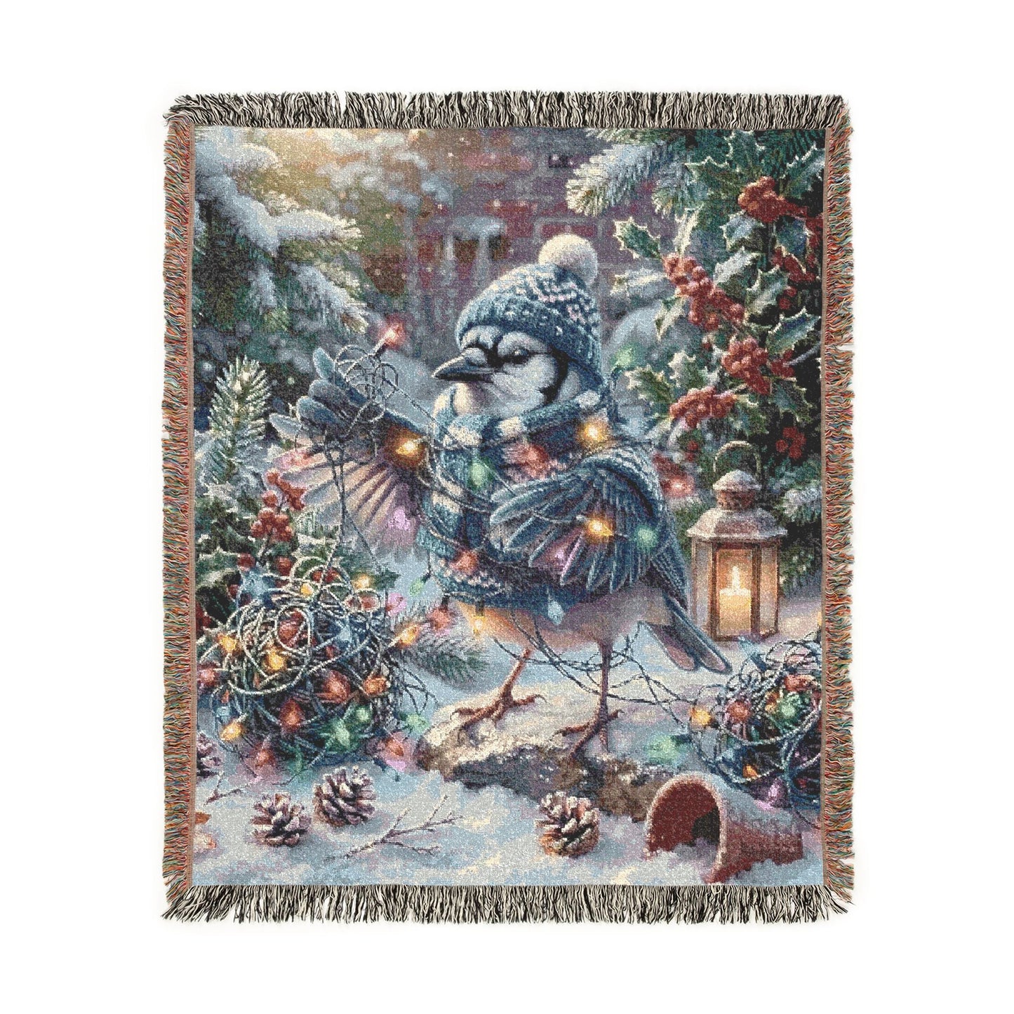 A rectangular woven throw blanket with fringe on all sides, featuring a detailed winter forest scene with a blue jay, pinecones, evergreen branches, red berries, and warm string lights, shown on a plain white background.