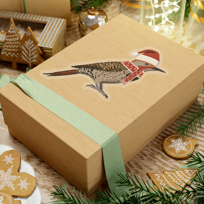 Northern Flicker with Santa Claus Hat and Scarf Christmas Bird Sticker