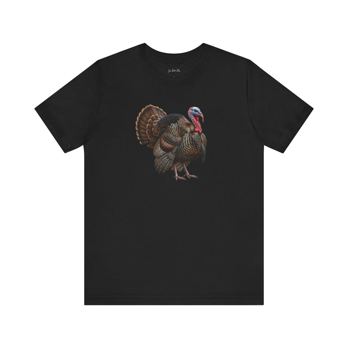 A black short-sleeve crewneck t-shirt featuring a detailed graphic print of a wild turkey on the center chest, displayed against a solid white background.