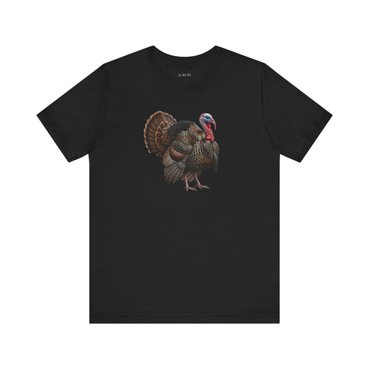 A black short-sleeve crewneck t-shirt featuring a detailed graphic print of a wild turkey on the center chest, displayed against a solid white background.