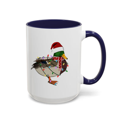 サンタクロースのマガモとフェアリーライトの陶器製バードコーヒーマグ – バードウォッチャーへのカスタムギフト