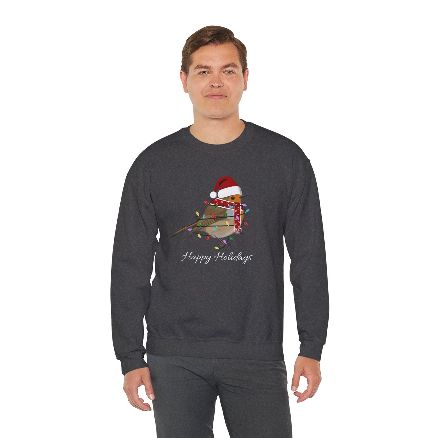 European Robin with Fairy Lights as Santa Happy Holidays Birdwatcher Christmas Bird Sweatshirt