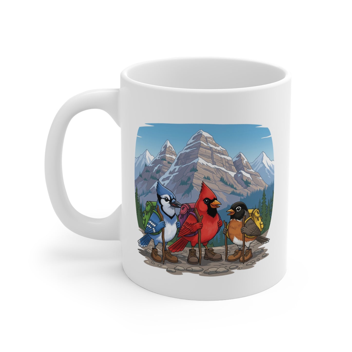 Blue Jay Cardinal Robin on a Hike Mug for Hiking Lovers & Bird Watchers 11oz