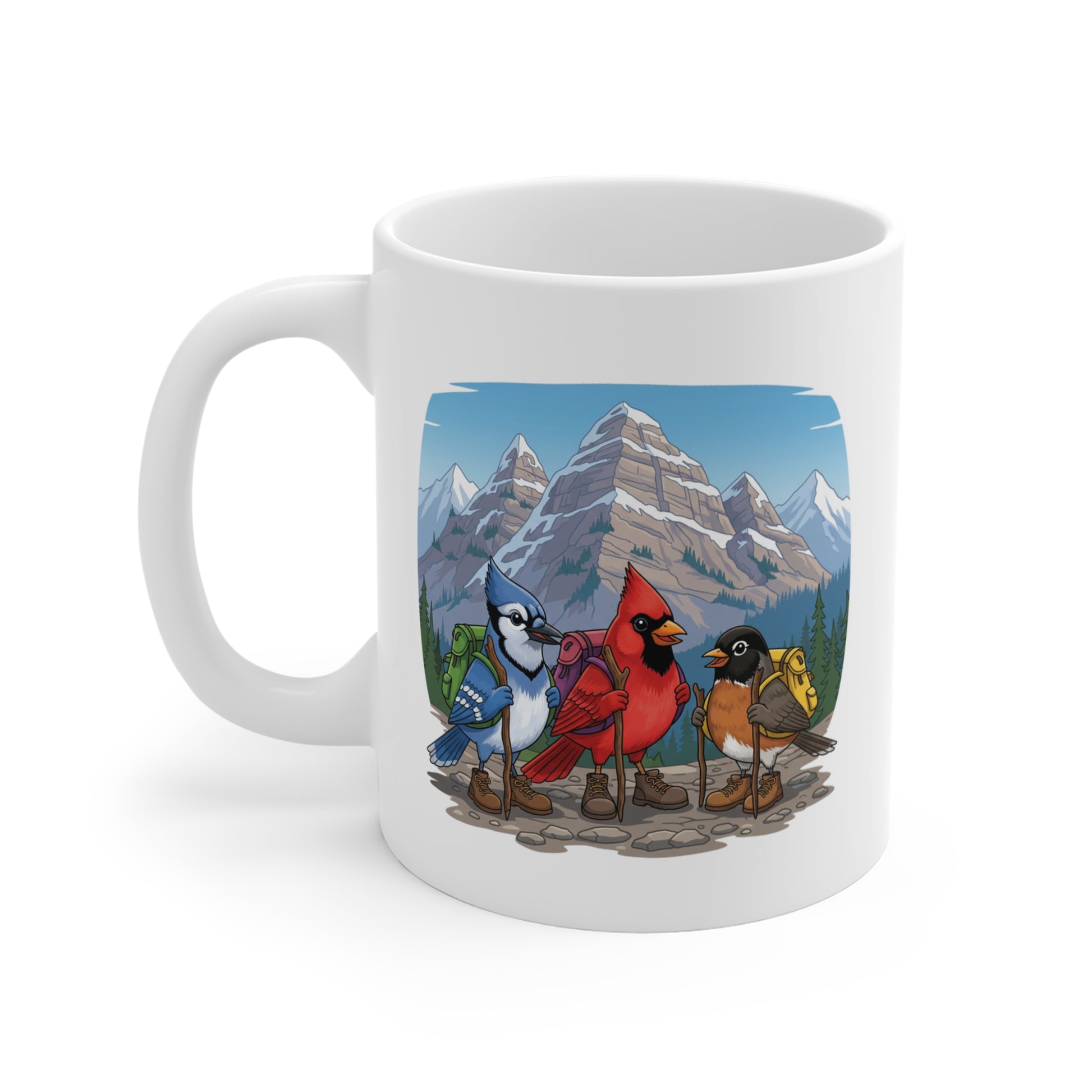 Blue Jay Cardinal Robin on a Hike Mug for Hiking Lovers & Bird Watchers 11oz