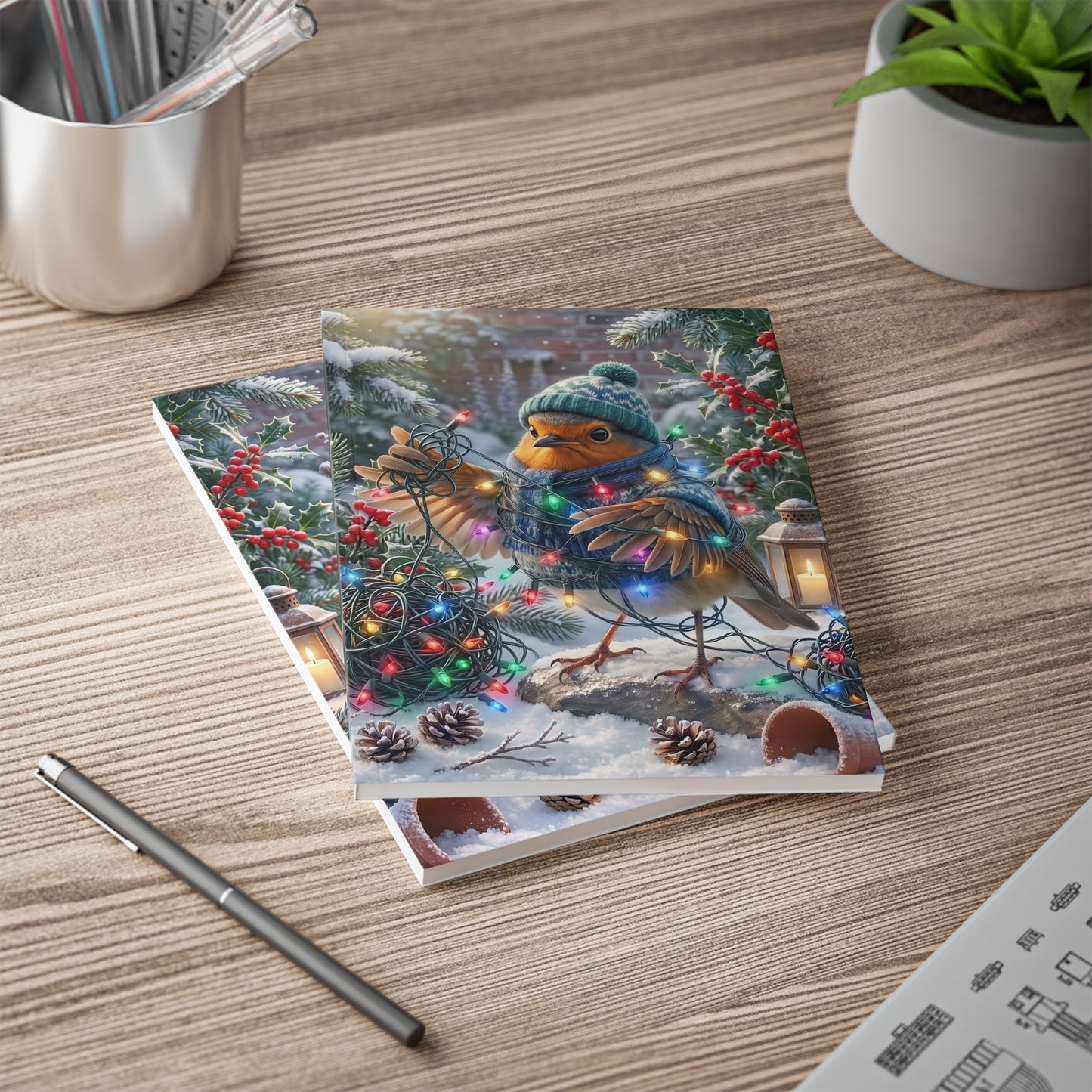 Premium Notizbuch A5 Rosi Rotkehlchen & die Lichterkette | Liniert | Lustiges Geschenk für Vogelfreunde