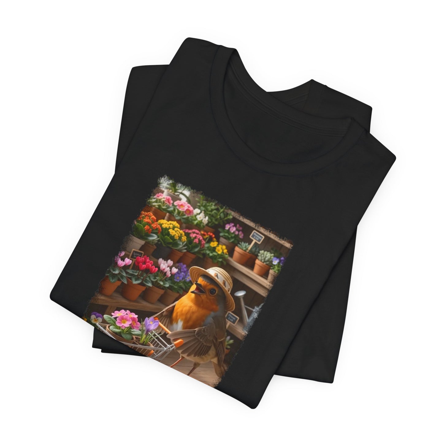 Lustiges Rotkehlchen T-Shirt mit vollem Blumen-Einkaufswagen | Niedliches Pflanzen-Motiv