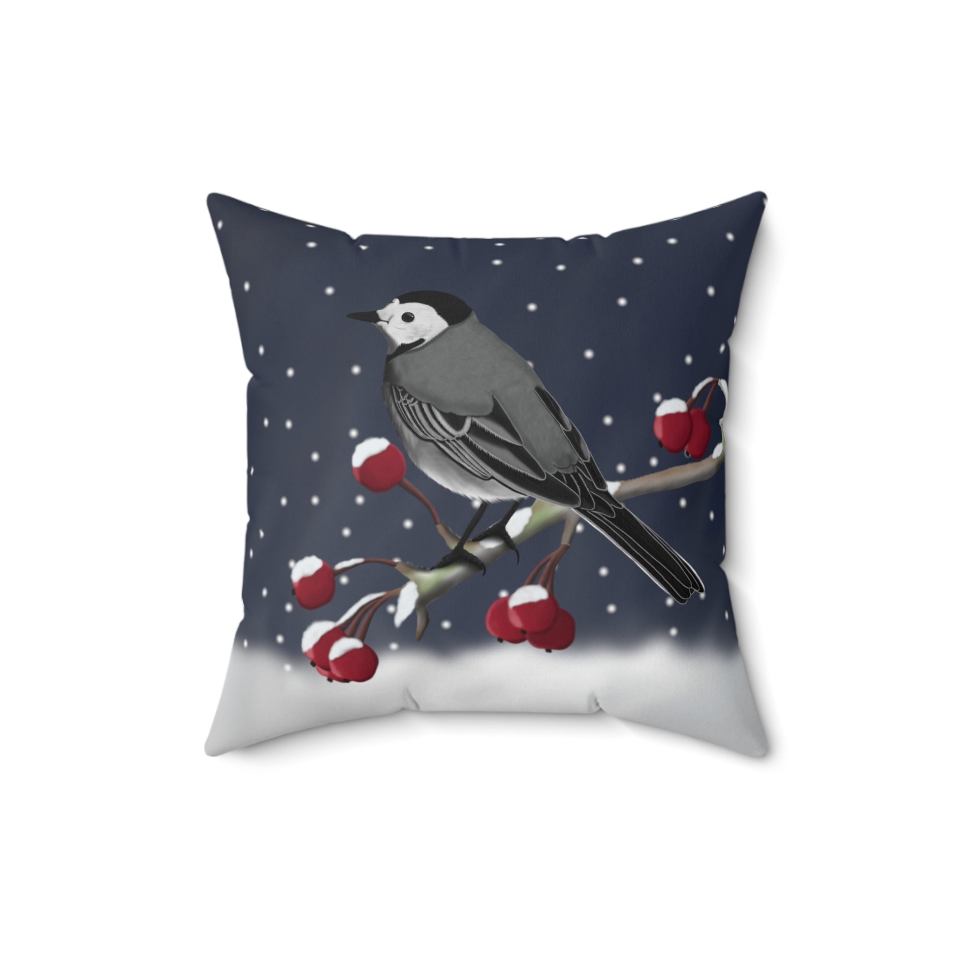 White Wagtail on a Winter Branch Christmas Bird Pillow