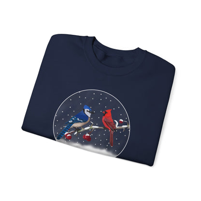 Blue Jay and Cardinal on a Winter Branch Christmas Bird Sweatshirt