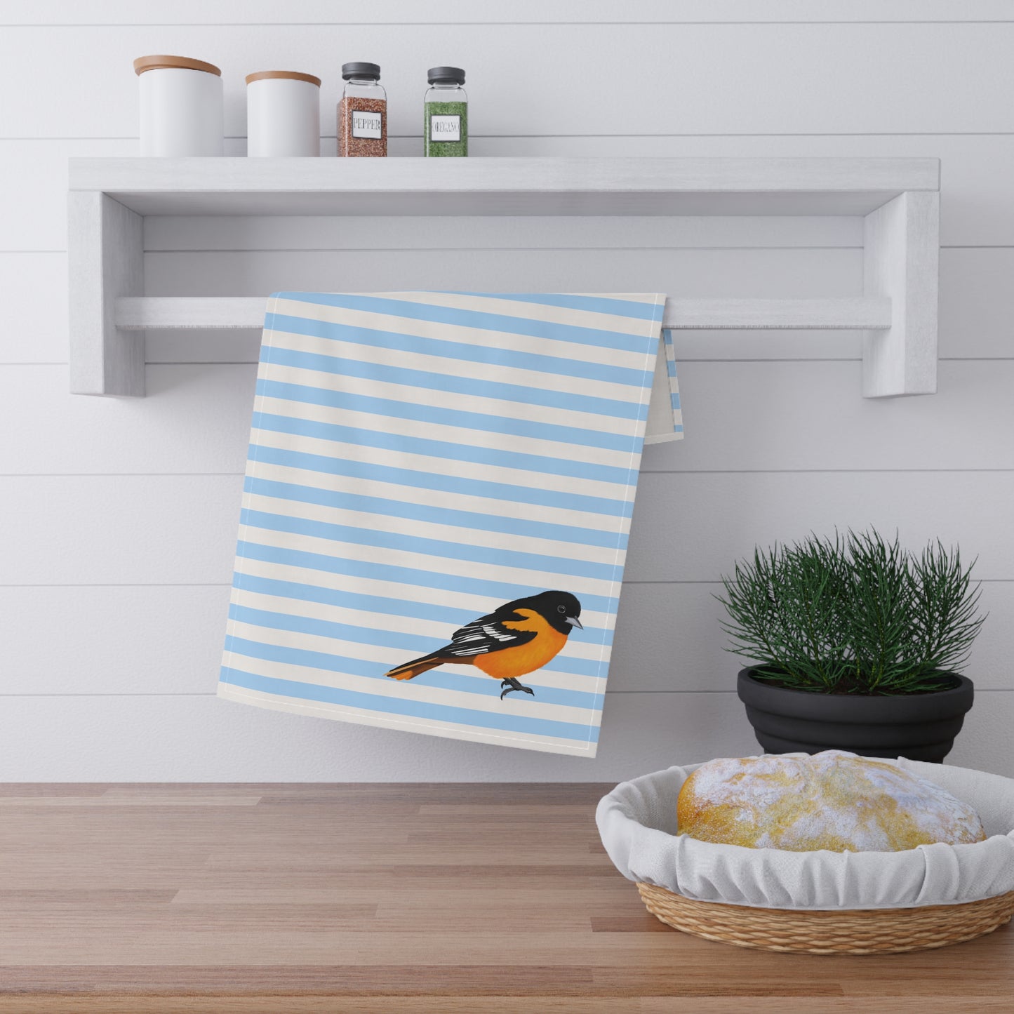 Baltimore Oriole Bird Art Kitchen Towel Blue White 18" × 30"