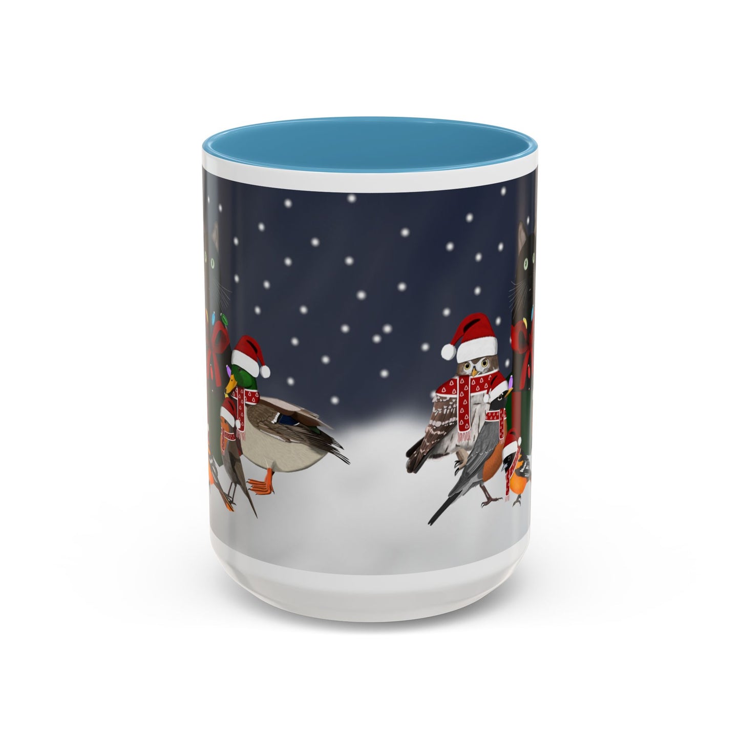 Robin Oriole Mallard Owl and Cat with Christmas Hat and Scarf Snow Bird Coffee Mug