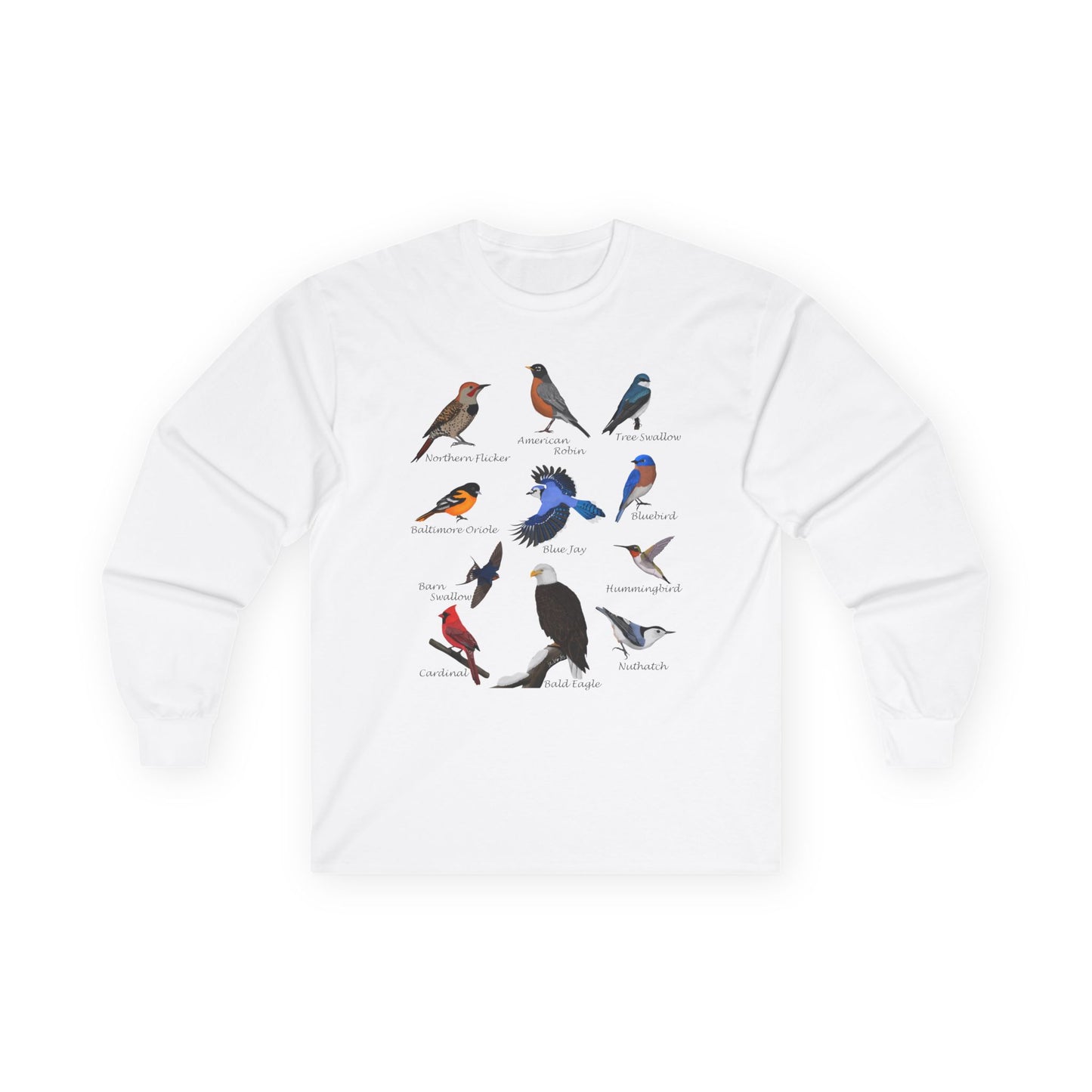 Bald Eagle Blue Jay Cardinal Robin on a Branch Birdwatching Cotton Long Sleeve T-Shirt