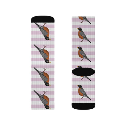 Robin Bird Pink White Striped Socks