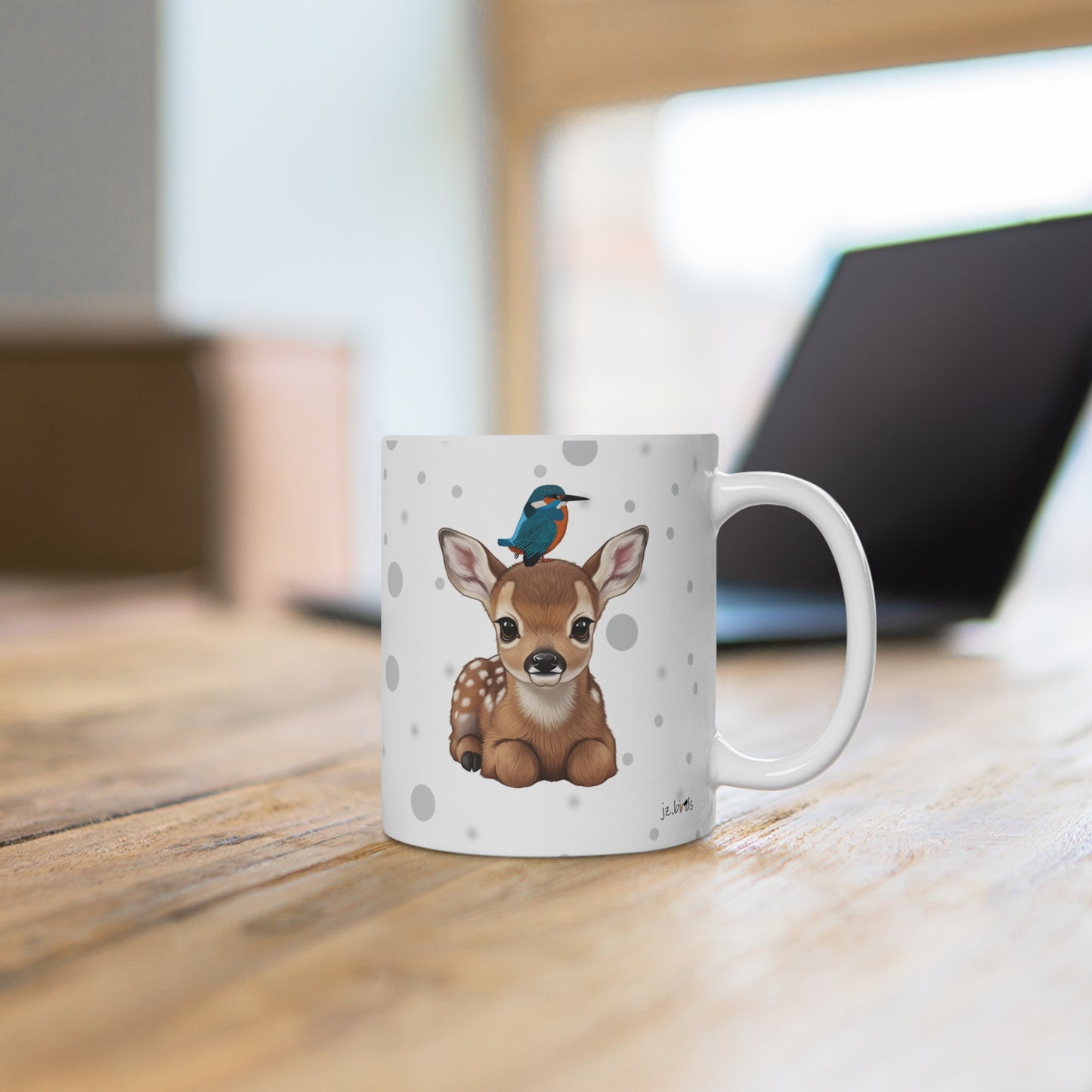 Rehkitz Tasse mit Eisvogel Tiermotiv Punkte Grau