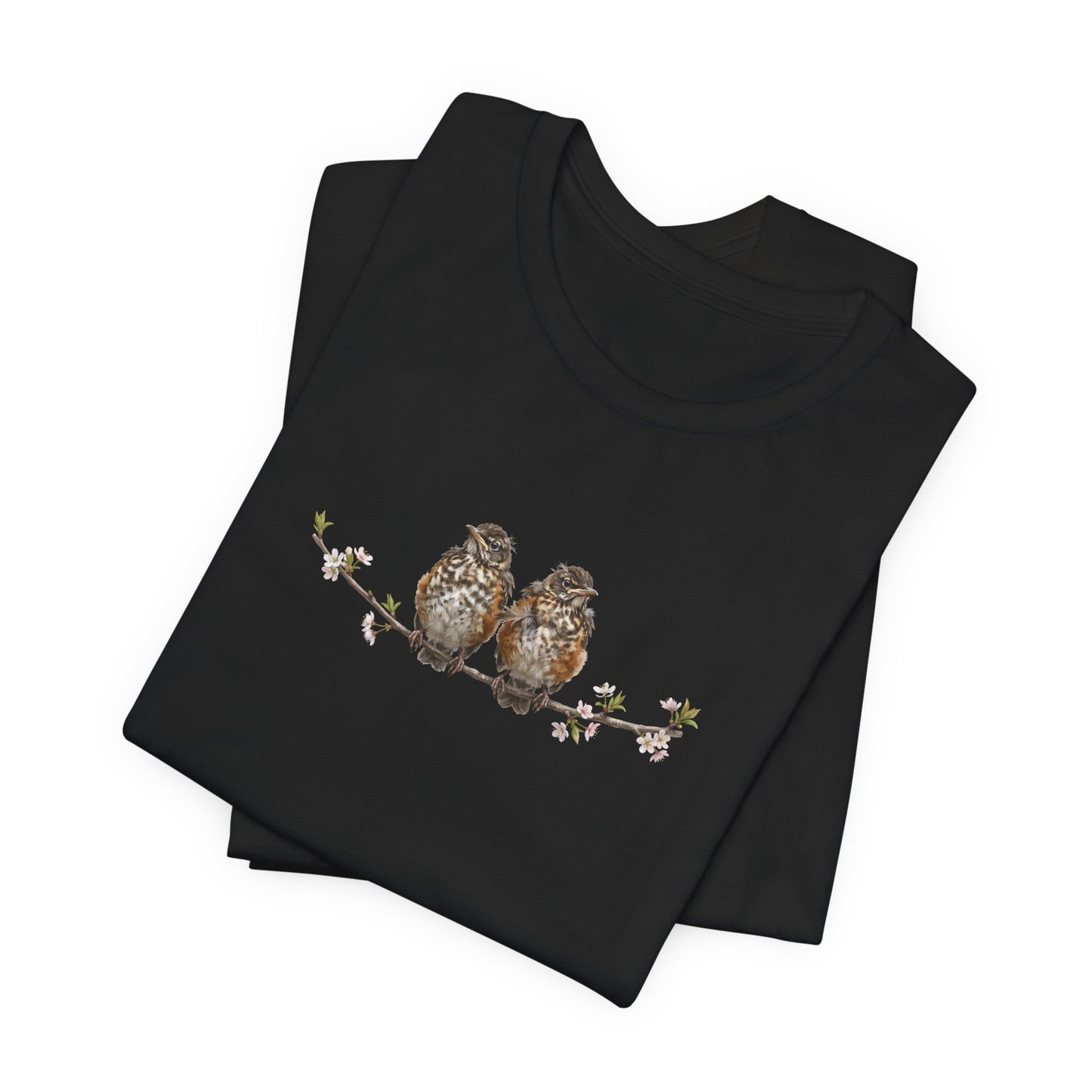 American Robin Fledgling T-Shirt | Spring Blossoms Unisex Graphic Tee for Bird Watchers