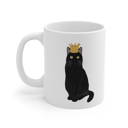 Black Cat with Crown Cat Lover Ceramic Mug White