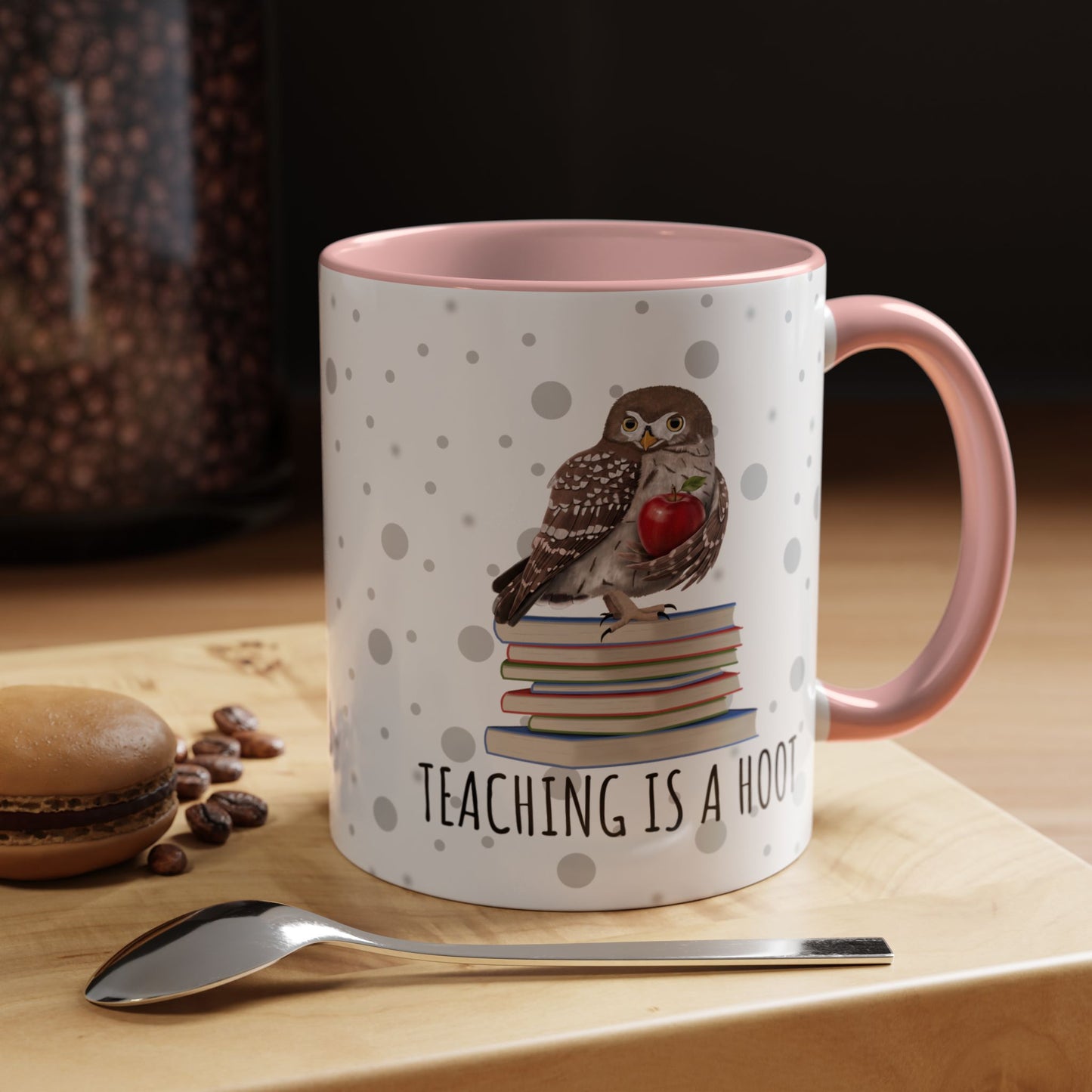 Cute Owl on Books Teacher Mug – Teaching is a Hoot – Two-Tone Classroom Coffee Cup