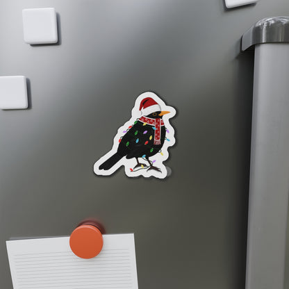 Blackbird with Fairy Lights and Scarf Christmas Bird Magnet