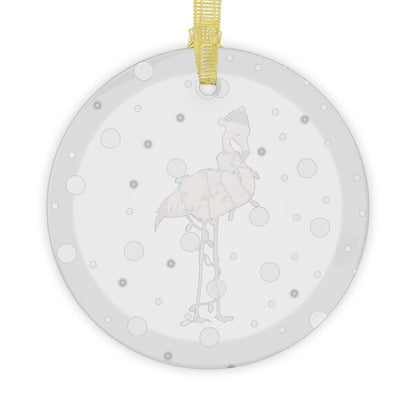 Flamingo as Santa Claus with Fairy Lights Christmas Glass Ornament