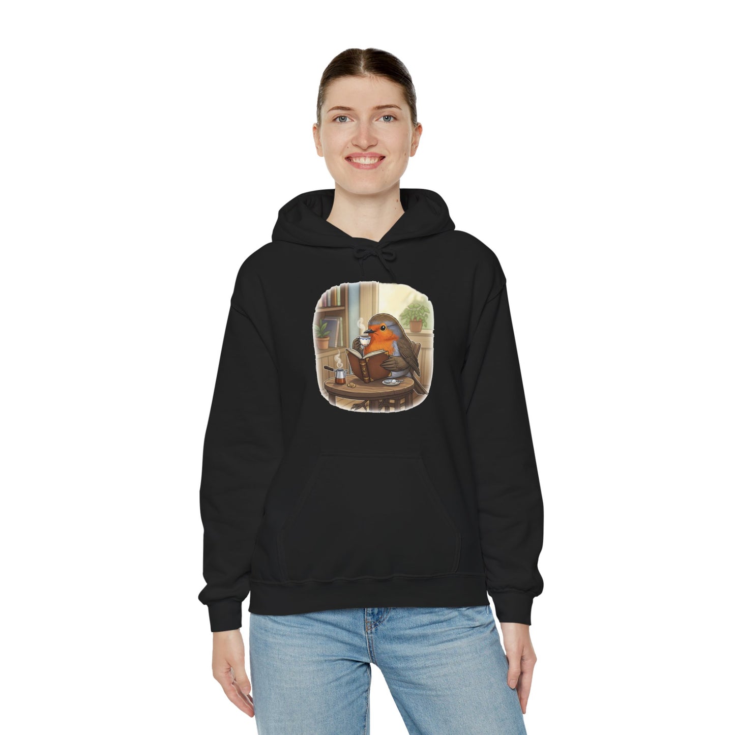 Rotkehlchen liest Bücher und trinkt Kaffee Vogel Hoodie - Kapuzenpullover für Vogelbeobachter mit Vogelmotiv