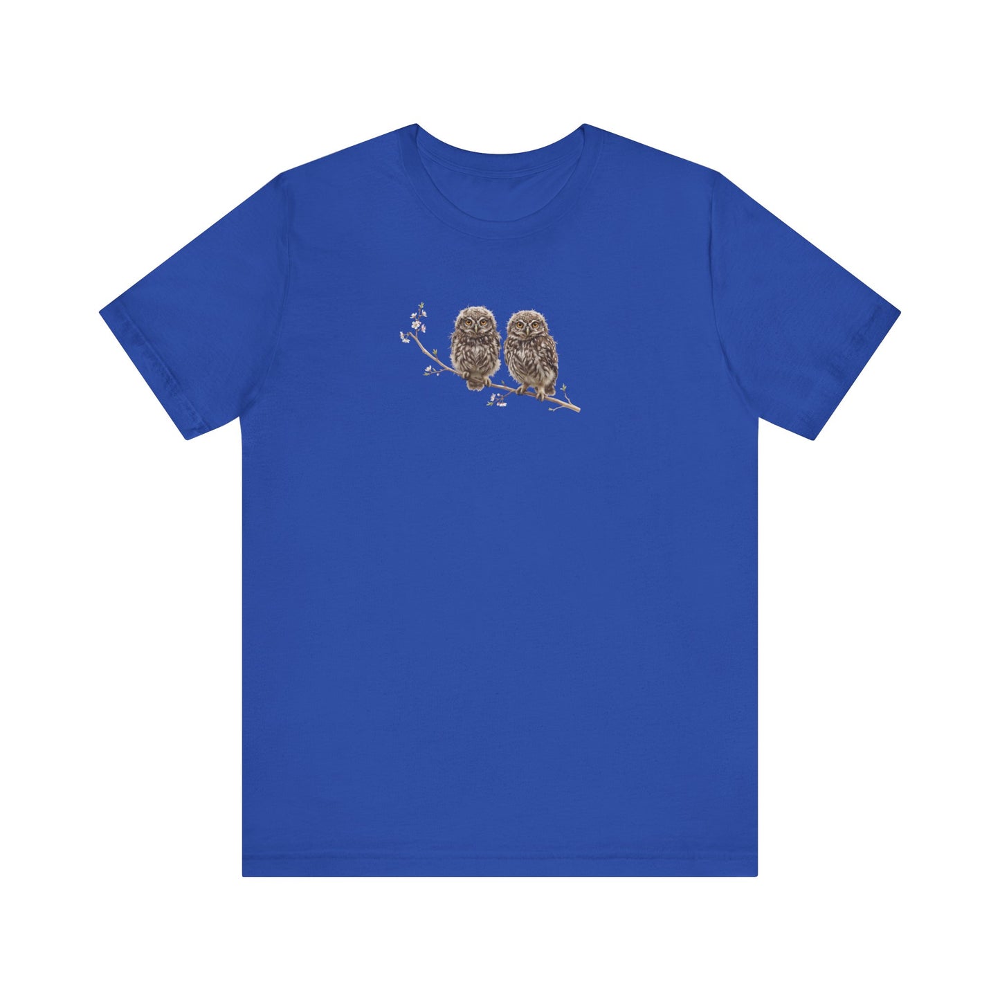 Little Owl Fledgling T-Shirt | Spring Blossoms Unisex Graphic Tee for Bird Watchers
