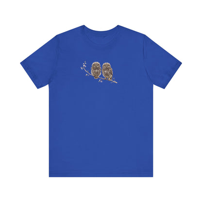 Little Owl Fledgling T-Shirt | Spring Blossoms Unisex Graphic Tee for Bird Watchers