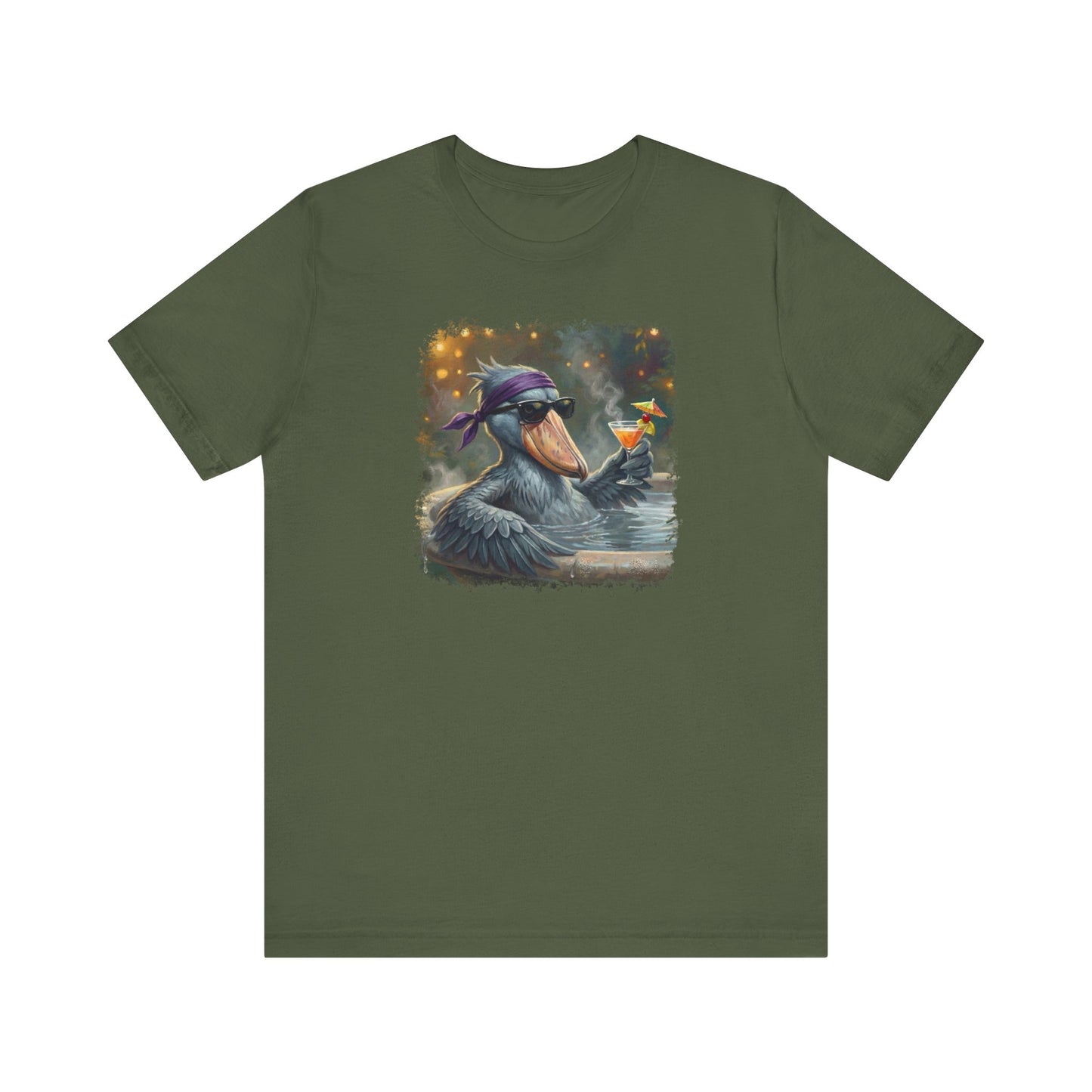 Funny Shoebill T-Shirt | Bird with Sunglasses & Drink | Unisex Summer Tee